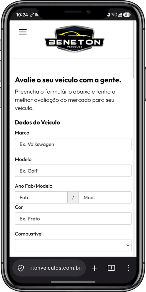 Formulário de avaliação do veículo aberto no celular